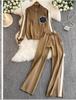 Conjunto de dos piezas de chaqueta cárdigan de punto con cuello en V en contraste, manga larga, estilo coreano, pantalones anchos y rectos de cintura alta para mujer.