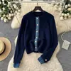 Cárdigan de Punto Patchwork de Mezclilla Estilo Coreano para Mujer Otoño Adelgazante Estilo Perezoso Súper Elegante Abrigo Suéter Nuevo Estilo 2026