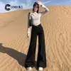 Jeans Negros de Pierna Ancha para Mujer Primavera y Otoño 2025 Nuevos Pantalones de Tiro Alto Sueltos Caídos que No se Pegan a la Pierna Acampanados de Largo Hasta el Suelo