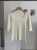 Suéter de Punto KEKEZOON Cuello Cuadrado Hombros al Descubierto Color Sólido Ajustado Manga Media para Mujer Estilo Coreano Puro Deseo 8758