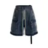 Shorts Jeans Cargo Retrô Americano High Street com Zíper, Barra Desfiada, Bolso Lateral, Lavagem Desgastada, Detalhe de Fita, Corte Solto
