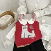 Chaleco de Punto Rojo Lindo para Niñas Primavera Temprana 2026 para Primavera y Otoño Chaleco Exterior Jacquard de Dibujos Animados Estiloso para Niñas Pequeñas