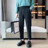 Calça de Terno com Botão Lateral 2025 Nova Reta Cintura Alta Estilo Coreano Solta Versátil Verão Casual Elegante Calça de Nove Pontos