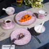 Plato de Cerámica Rosa Estilo Europeo de Alta Gama de Lujo Barroco para Postre, Plato de Doble Capa para Pasteles y Postres, Plato de Porcelana Ósea, Juego en Caja de Regalo