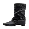 Botas Retro de Media Caña Apiladas Arrugadas con Doble Hebilla para Mujer, Aumento Interno de Altura de 5 cm, Punta Cuadrada con Hebilla, Versátiles, Adelgazantes, Botines Vaqueros