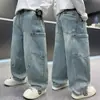Calças de Trabalho Jeans Largas para Meninos Estilo Coreano Marca da Moda Perna Larga Calças Longas Para Crianças Médias e Grandes Estilo Primavera e Outono Calças Retas Lavadas Roupas de Outono