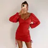 Vestido Bodycon de Cuello Cuadrado con Cordón Fruncido Vestido Sexy de Manga Abullonada Estilo Chica Caliente Europea y Americana Ajustado Vestido de Fiesta Vestido Corto