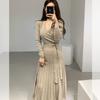 Roupas Femininas Dongdaemun Estilo Suave Saia Longa Saia Base Saia Plissada Longa Vestido de Malha Outono e Inverno 9070