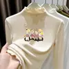 Nova Camiseta de Manga Longa com Gola Alta e Babados para Meninas Camada Base Outono/Inverno Veludo Alemão Escovado Roupa Íntima Casual Infantil