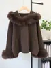 Nova Coleção Outono/Inverno 2026: Cardigan de Lã Dupla Face com Capuz, Tricô Falso Pelo Patchwork, Modelagem Solta, Casaco Suéter de Luxo para Mulheres
