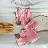Conjunto de Pijama Estampa de Leopardo Robe Shorts Calça Longa Seda de Simulação Moda Feminina Roupa de Casa Pijamas Em Estoque Atacado