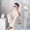 Pijama Feminino Novo Estilo Primavera e Outono com Grade de Quatro Linhas, Conjunto de Roupa de Casa de Manga Curta e Calça Longa de Verão, Tamanho Grande, Solto