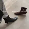 Botines de Piel de Vaca de Primera Capa y Color Nude para Mujer, Botines Cortos de Tacón Gato, Nuevo Estilo Otoño, Botas de Tacón de Aguja Cuadradas con Cremallera Lateral de Cuero Genuino, Botines Individuales para Mujer