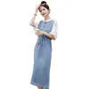 Novo Vestido Jeans Patchwork Estilo Nacional Chinês para Mulheres, Novo Modelo de Verão, Petite, Elegante, Com Cinto na Cintura, Manga Curta, Vestido Fino