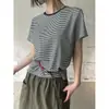 Camiseta Clásica Retro de Manga Corta a Rayas para Mujer, Verano 2026, Versátil, Hombro Normal, Cuello Redondo, Elástica, Casual, Top Ajustado para Mujer
