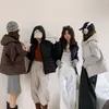Jaqueta de Algodão com Capuz Tricotada em Blocos de Cores de Manga Longa para Mulheres Outono e Inverno 2025 Versátil Casual Acolchoada Quente Curta de Algodão