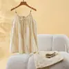 Roupa de casa feminina de crepe de algodão puro com estampa distribuída, manga curta e calça comprida para primavera e verão, pijama casual solto e confortável para casa