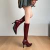 Botas Vermelhas Super Finas para Mulheres 2025 Novo Estilo Francês Botinhas Bico Fino Salto Agulha Botas de Cavaleiro
