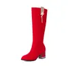 4332 Botas de Tacón Alto Comercio Exterior Cadena Mesa de Agua Deseo Caña Alta Botas de Moda Mate Grueso Botas de Caballero Perla Negra Roja
