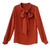 Blusa "inner wear" para o dia a dia com lindo laço + decote V drapeado pequena para mulheres Primavera e Outono Estação Europeia