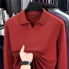 Camisa polo masculina lisa de algodão puro com contas hexagonais e gola de gaivota de manga comprida, camiseta casual de manga comprida bordada de alta qualidade