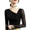 Blusa elegante de algodón francés negra de manga larga, ajustada, de color liso, para primavera y otoño.