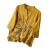 2026 Verano Nuevo Estilo Estilo Chino Bordado Botón Algodón Lino Camisa Blusa Exportación Vintage Artístico Bordado Camisa Top