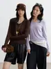 Camiseta básica de lana de acetato para mujer de otoño e invierno, camiseta de cuello en U de Tencel Lyocell estilo coreano, top de punto a rayas de manga larga ajustado