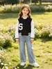 Chaqueta de Béisbol Transfronteriza Temu Estilo Dulce y Fresco para Niñas Primavera y Otoño, Abrigo Corto con Bloques de Color Blanco y Negro, Atuendo de Moda para Fotos