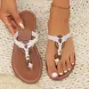 Chanclas tejidas con cuentas de talla grande de comercio exterior con tira para el dedo del pie, sandalias planas retro, pantuflas de tira en Y para mujer, sandalias del sudeste asiático transfronterizas