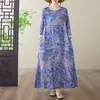 Foto Real de Vestido Longo Estampado de Algodão e Linho para Comércio Exterior, Gola Redonda, Soltinho, Plus Size, Manga Longa, para Mulheres Plus Size, Adequado para Férias