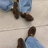 ¡Encuentra Stock de Fábrica en Línea! Mocasines de Gamuza con Tacón Grueso Estilo Mamá Uva con Monedas Doradas Pequeñas, Zapatos de Piel Elegantes y Clásicos