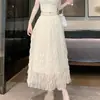 Saia Elegante de Cintura Alta Estilo Francês para Mulheres, Novo Modelo de Primavera 2026, Saia Plissada de Renda de Linha A de Alta Qualidade