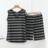Conjunto de tank top fino a rayas de verano y shorts, pijama sin mangas para casa, conjunto casual holgado de talla grande para estar en casa, dos piezas