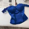 Top de encaje sexy vintage strapless azul de tiras con escote en V para mujer