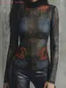 Camiseta Básica de Cuello Alto Ajustada con Estampado de Malla Retro para Mujer, Top Camiseta Adelgazante de Manga Larga con Diseño Único