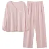 Cardigan de pijama de duas peças para casa feminina, manga longa e calça longa, gola V, cor sólida, algodão jacquard elástico dupla face