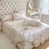 Saia de Cama de Algodão Puro Estilo Coreano Peça Única 2025 Novo Estilo Saia de Cama Cobertura Lençol de Cama Totalmente Algodão com Borda de Saia Cobertura de Cama Antiderrapante Conjunto de Quatro Peças