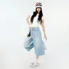 Jeans Azul Claro Americano Lavado Pierna Ancha Mujer Verano Cintura Alta Talla Grande Holgado Gordo mm Recto Shorts Tres Cuartos