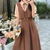 Conjunto de Vestido Estudiante de Manga Corta para Mujer Tallas Grandes, Falso Dos Piezas Verano Nuevo Estilo Atuendo para Maestra, Vestido Petite