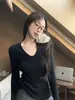Otoño Invierno Nicho Diseño Minimalista Sentido del Diseño Color Sólido Capa Base Camiseta de Manga Larga para Mujer Estilo Coreano Casual Versátil Top Petite ins