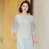 Camisa de Verão para Mãe com Gola Alta Patchwork, Mangas Curtas Três Quartos, Camiseta Fina para Mulheres, Estilo Moderno e Juvenil