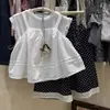 Ropa Infantil Estilo Bosque Verano 2025 Nuevo Traje para Niñas Dulce Tirantes Color Sólido Camisa Baby Doll Camiseta Interior Pantalones de Lunares