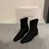 Versión Satín~Novedad Otoño/Invierno Botas Elásticas de Punta Cuadrada Botas Adelgazantes Moda Femenina Temperamento Botas Altas Planas Adelgazantes