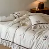 Juego de cuatro piezas bordado estilo francés de algodón y lino, ropa de cama de lino de alta gama para dormitorio, hipoalergénico, suave, transpirable, funda de edredón y sábana bajera de algodón puro