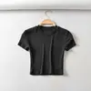 Novo top curto de cintura alta para o verão, camiseta sexy com gola redonda canelada, blusa base justa, top de manga curta para mulheres