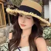Chapéu de Palha Flat-Top Estilo Francês para Mulheres, Chapéu de Sol de Verão, Chapéu de Palha de Aba Larga Estilo Hepburn, Chapéu de Sol para Férias na Praia