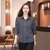 Camisa de Algodão Listrada Moda Feminina 2025 Primavera Outono Verão Nova Chegada Pequena Camisa Profissional Manga Sete Pontos Top Emagrecedor