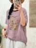 Verano Nuevo Camiseta de Punto de Algodón de Doble Capa Estampada para Mujer, Casual Versátil Holgada Talla Grande Manga Corta Camiseta Top al Mayoreo