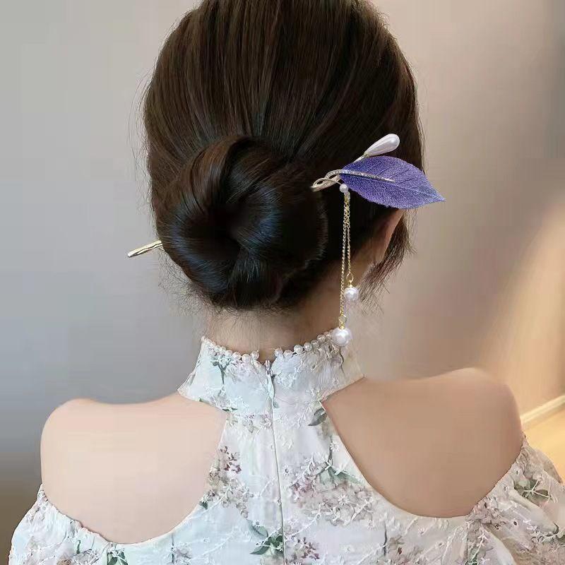 商品详情图_古风紫色刺绣树叶珍珠流苏发簪女复古汉服步摇发钗高